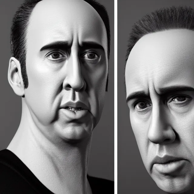 Image similar to portrait of bald nicolas cage neutral expression face straight on headshot even lighting no hair, trending on artstation