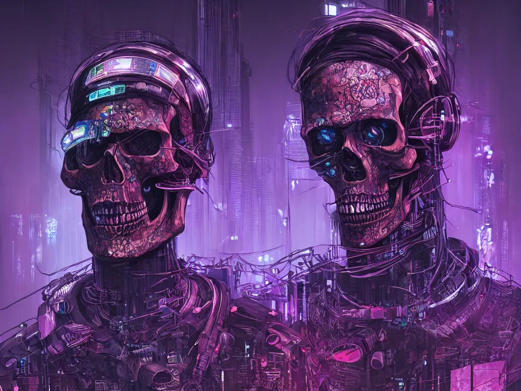 Prompt: high detailed dead android skull samurai in a cyberpunk rainy city at night by Josan Gonzalez, purple and blue neons, unreal engine, high quality, 4K, UHD, trending on ArtStation, wires, blade runner vibes, ghost in the shell, akira, dorohedoro