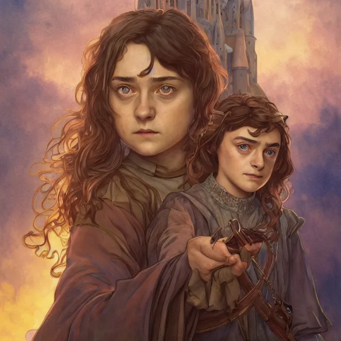 Image similar to young arya stark with hogwarts as background at sunset, highly detailed, gold filigree, romantic storybook fantasy, soft cinematic lighting, award, disney concept art watercolor illustration by mandy jurgens and alphonse mucha and alena aenami, pastel color palette, featured on artstation