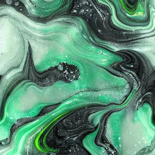 Image similar to beautiful liquid marble texture with oil bubbles and twirls. harmonic black and green tones coloured abstraction. ultradetailed realistic art