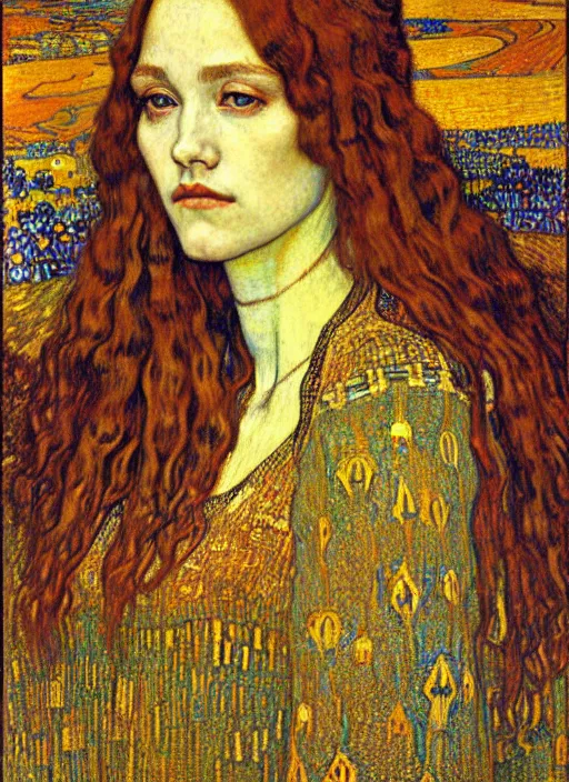 Image similar to detailed realistic beautiful young medieval queen face portrait by jean delville, gustav klimt and vincent van gogh, art nouveau, symbolist, visionary, gothic, pre - raphaelite, muted earthy colors, desaturated