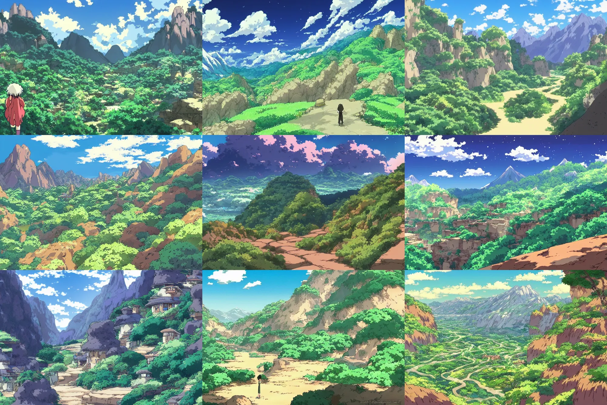 Prompt: a valley surrounded by mountains, anime style, by studio ghibli