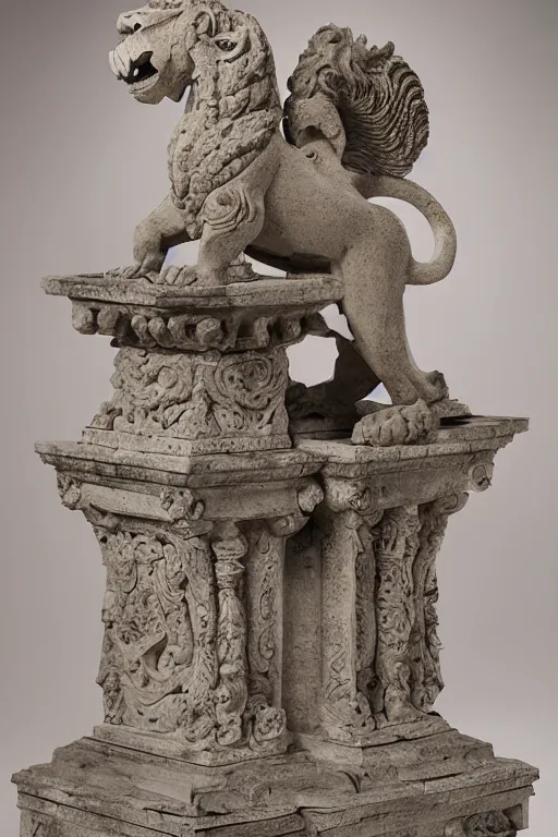 Prompt: ortographic view of a stone sculpture of a lion horse bird chimera sitting on a pedestal with intricate carvings and fine detail