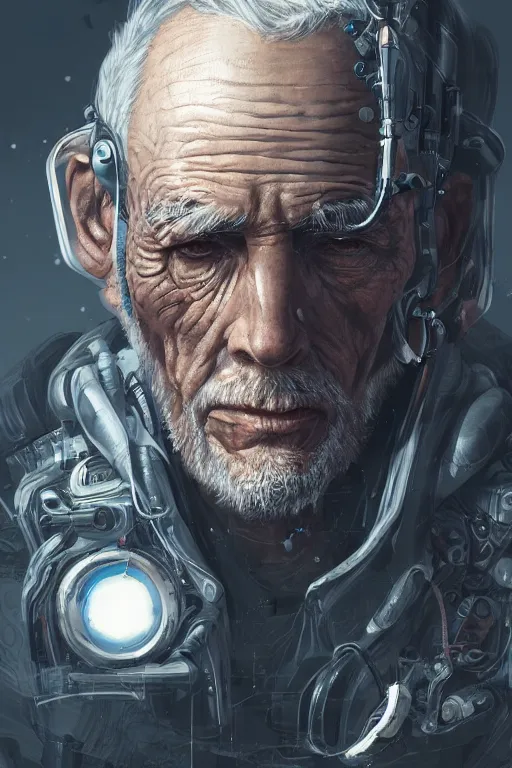 Image similar to ultrarealistic illustration old man cyborg, cyberpunk, sci - fi fantasy, intricate, elegant, highly detailed, digital painting, artstation, concept art - g