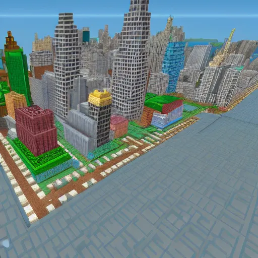 Image similar to detailed build of new york city skyline built in minecraft, isometric view