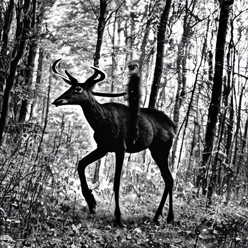 Image similar to alien riding on the back of a deer, grainy trail cam, black and white