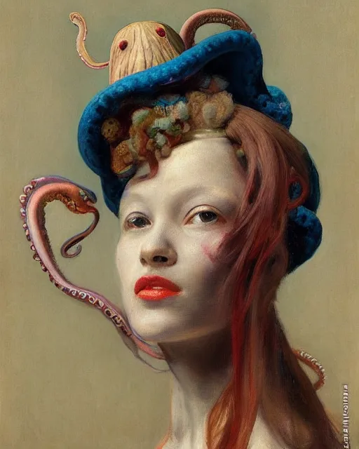 Image similar to a beautiful girl wearing an octopus as a hat, painted by edgar maxence, edward hopper, wayne barlowe and james gilleard, airbrush, art by jamesjean