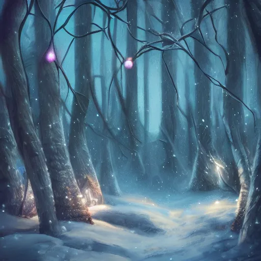 Prompt: fairy lights floating in winter forest, artstation winter landscapes, dark fantasy, fey lighting
