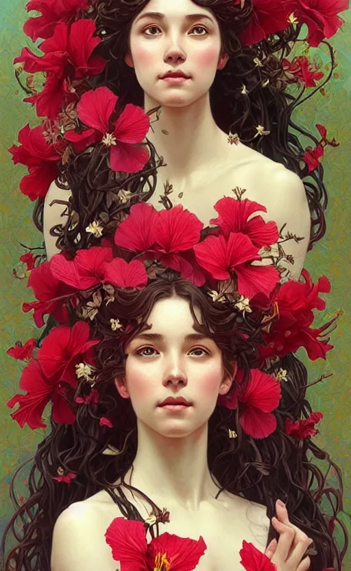 Image similar to portrait of a goddess of hibiscus! covered in flowers!, half body, perfect face!!, d & d, fantasy, intricate, elegant, highly detailed, digital painting, artstation, concept art, smooth, sharp focus, illustration, art by artgerm and greg rutkowski and alphonse mucha