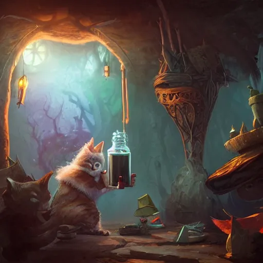 Image similar to Anthropomorphized cat witch brewing potion, witch Hut, magic the gathering artwork, D&D, fantasy, cinematic lighting, centered, symmetrical, highly detailed, digital painting, artstation, concept art, smooth, sharp focus, illustration, volumetric lighting, epic Composition, 8k, art by Akihiko Yoshida and Greg Rutkowski and Craig Mullins, heroic pose, oil painting, cgsociety