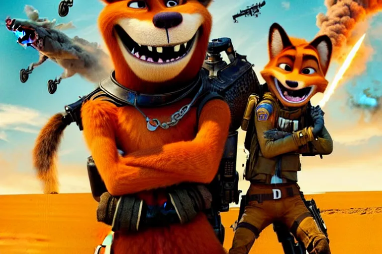 Image similar to nick wilde, heavily armed and armored facing down armageddon in a dark and gritty reboot from the makers of mad max : fury road : witness me