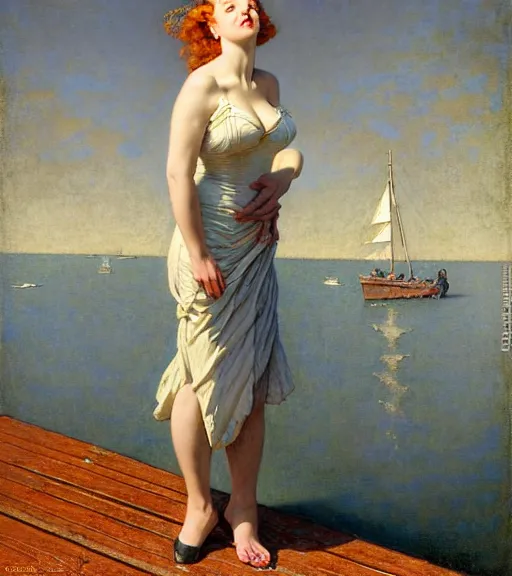 Image similar to a fancy beautiful young lady standing on a wharf at the edge of the sea by brom and gil elvgren and jean delville and william blake and norman rockwell and michael whelan, crisp details, hyperrealism, high detail, high contrast, low light, grey mist, cobblestones, dim lantern