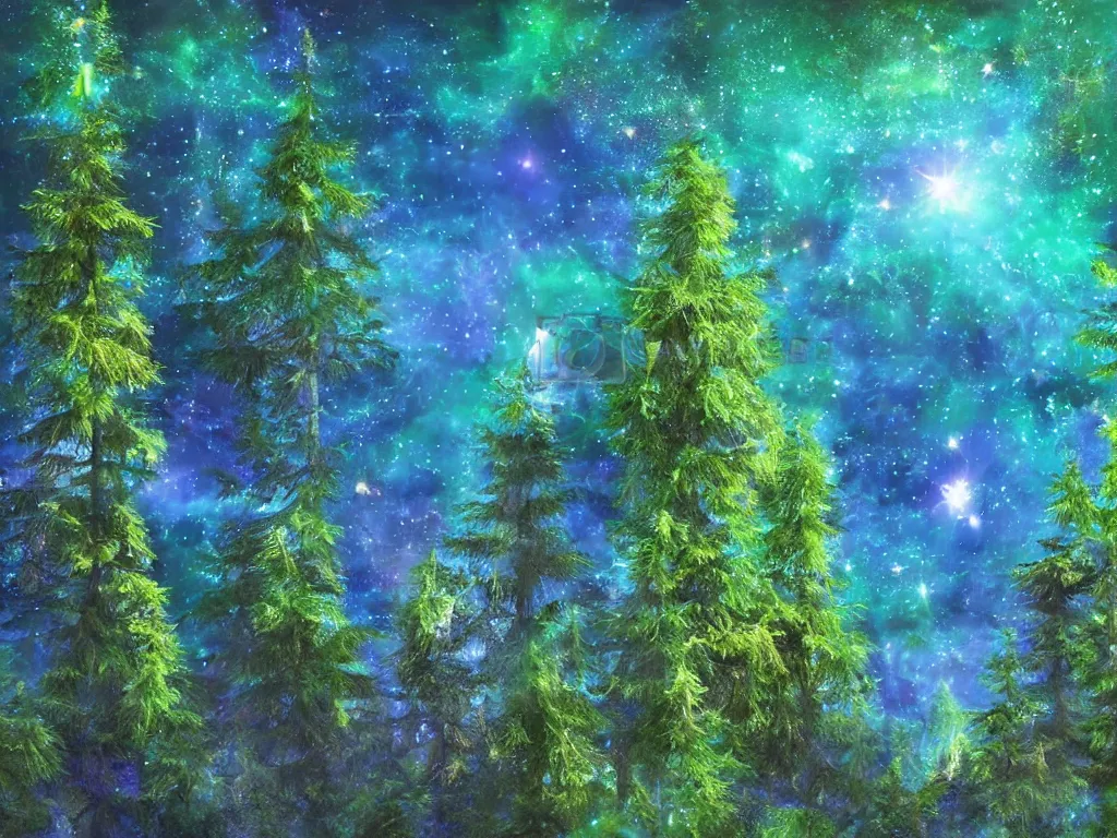 Prompt: mystical and magical evergreen forest with a clear blue lake in a clearing where an abstract nebula crystal sculpture is floating above it, powerful, ethereal, vaporwave