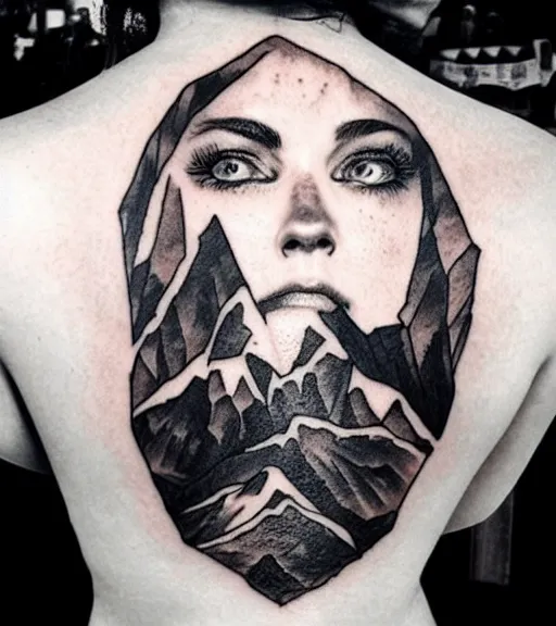 Image similar to double exposure of a hyper realistic mountain scenery with a beautiful woman face, tattoo design sketch, in the style of matteo pasqualin, hyper - realistic, amazing detail, black and white