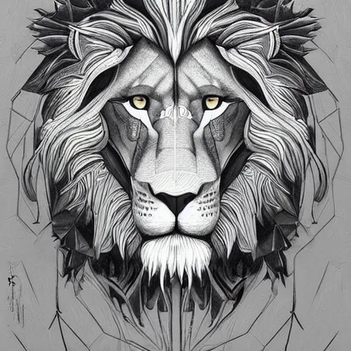 Image similar to a philosophical lion, an ultrafine detailed painting by james jean, high contrast greyscale, behance contest winner, vanitas, angular, altermodern