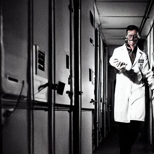 Prompt: a male scientist wearing a lab coat lost suit inside the very dark empty unsettling creepy backrooms, liminal space, horror scene