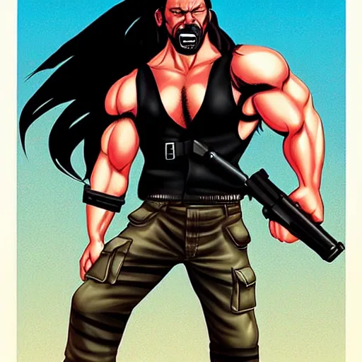 Image similar to muscular man with a ponytail wearing a vest, black vest open with no shirt underneath, cargo pants, ammo belt, holding a blaster, long black hair in a ponytail, five o' clock shadow, comic book art, realistic art, chiseled jaw, gritty