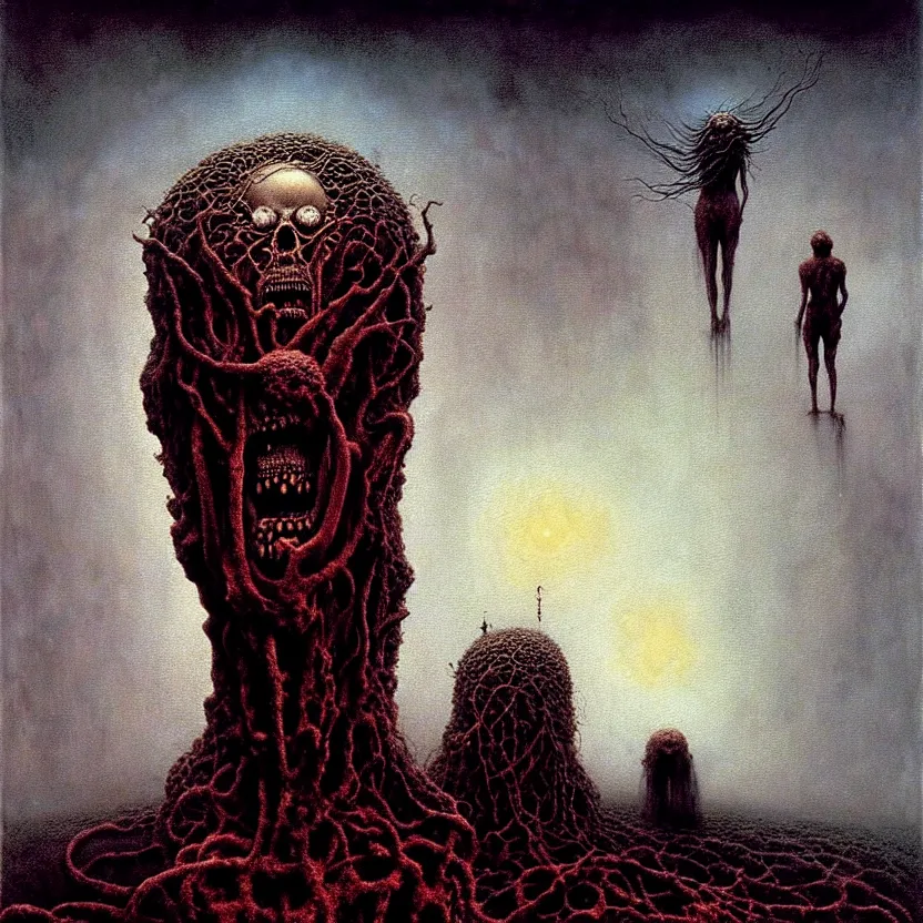 Image similar to a living nightmare due to rising fascism, cosmic horror, by zdzisław beksinski and greg rutkowski and esao andrews and salvador dali, oil on canvas, abstract, surreal, horror, dark, intricate textures, 3 5 mm, film shot