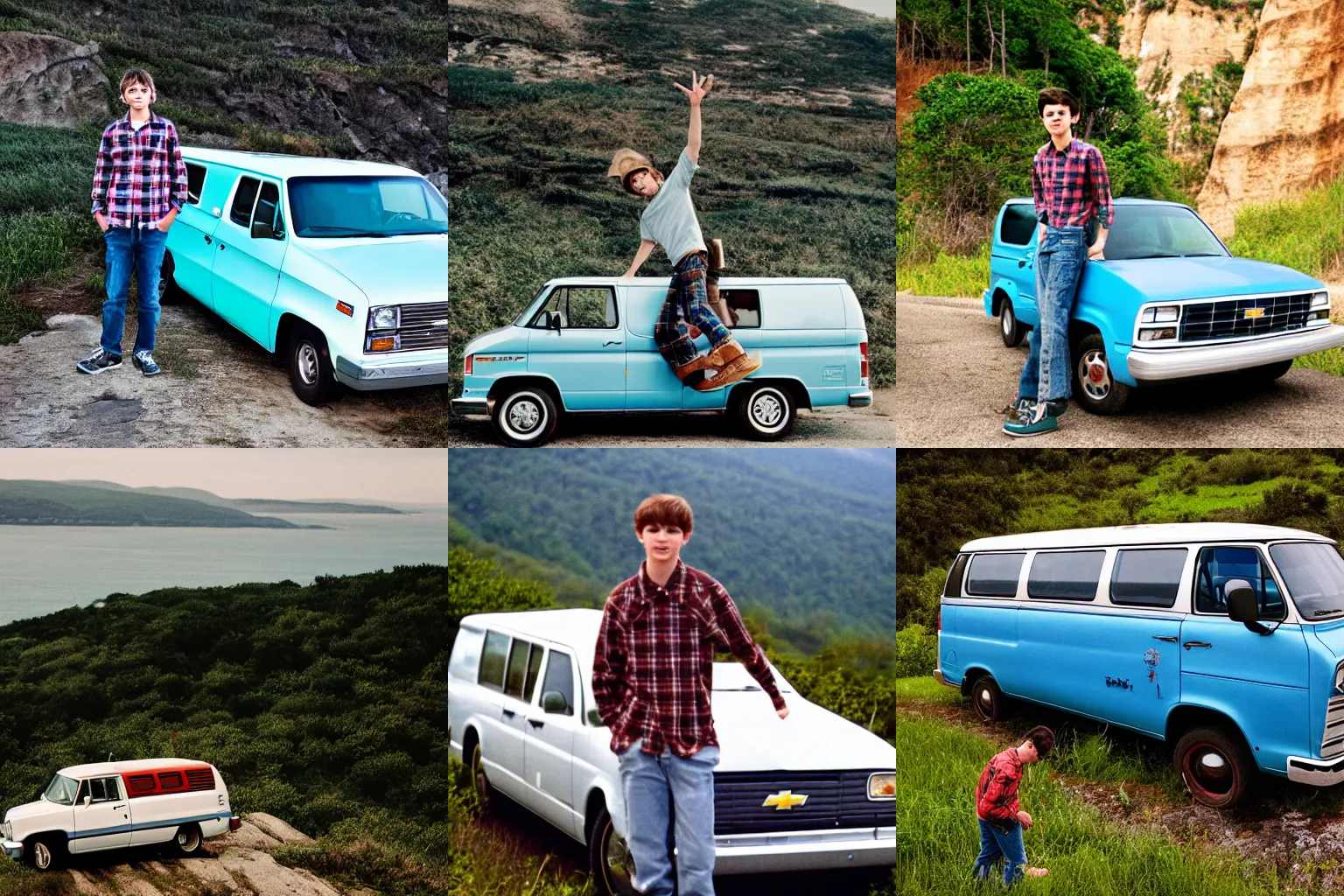 Prompt: a teenage boy in plaid shirts and jeans leaning on a classic blue 1992 chevrolet van on a cliff next to a sea