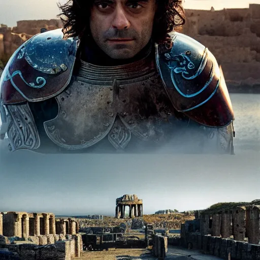 Image similar to oscar isaac in armor playing achilles, ancient city in background, ultra detailed, realistic, photography, movie poster