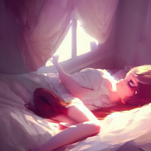 Prompt: a girl lies on the bed with a ragdoll, characterized by roman shipunov, etienne hebinger, atey ghailan, cgsociety, fantasy art, 2 d game art