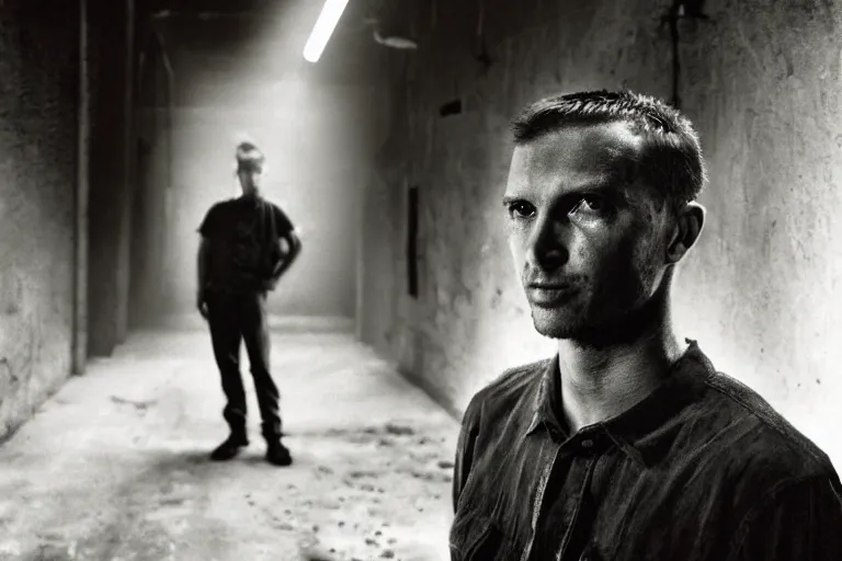 Prompt: a cinematic!! headshot photograph!! of a male, stood in a factory, dirt, film still, cinematic lighting, by bill henson, jeremy mann