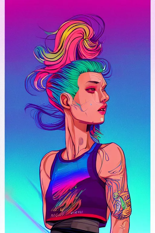 Image similar to a award winning half body portrait of a beautiful woman with stunning eyes in a croptop and cargo pants with rainbow colored ombre hairstyle head in motion and hair flying by josan gonzales, outrun, vaporware, shaded flat illustration, digital art, trending on artstation, highly detailed, fine detail, intricate