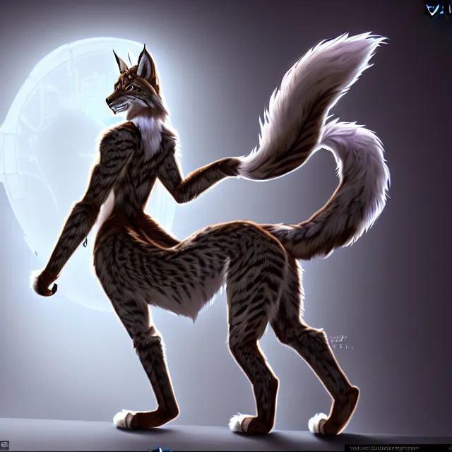 Image similar to the full body of anthropomorphic lynx fursona from behind wearing a steampunk suit as unimaginably beautiful, gorgeous, elegant, young woman with lynx head, an ultrafine hyperdetailed illustration by furaffinity, intricate linework, white fur, unreal engine 5 highly rendered, global illumination, radiant light, detailed and intricate environment