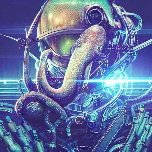 Prompt: hyperrealistic portrait of a squid monster astronaut, full body portrait, well lit, intricate abstract. cyberpunk, intricate artwork, by Tooth Wu, wlop, beeple. octane render,in the style of Jin Kagetsu, James Jean and wlop, highly detailed, sharp focus, intricate concept art, digital painting, ambient lighting, 4k, artstation