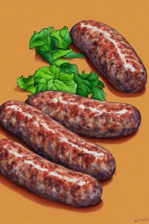 Prompt: sausage, realistic, art by jacqueline e, color by tafy laplanche, background by bo feng lin