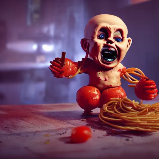 Image similar to spaghetti with meatballs shaped like screaming chucky doll, octane render