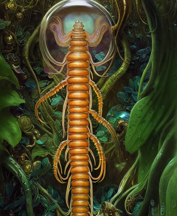 Image similar to intricate ornate opulent transparent clear see - through portrait of a terrifying beautiful skinny male alien centipede, mottled coloring, adorable, childlike, overgrown jungle environment, ultra realistic, concept art, art nouveau, photorealistic, octane render, 8 k, unreal engine. art by christopher marley and artgerm and greg rutkowski and alphonse mucha