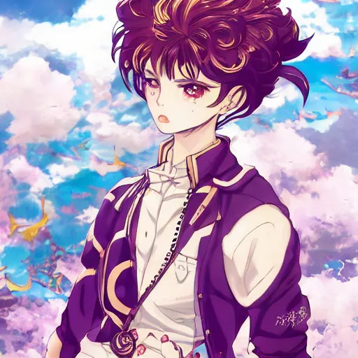 Image similar to Magazine Cover Anime key visual of a Gucci girl; official media; typography; drawn by Hirohiko Araki; Jojo's Bizarre Adventure; Jojolion, portrait, made by Stanley Artgerm Lau, WLOP, Rossdraws, James Jean, Andrei Riabovitchev, Marc Simonetti, Yoshitaka Amano, ArtStation