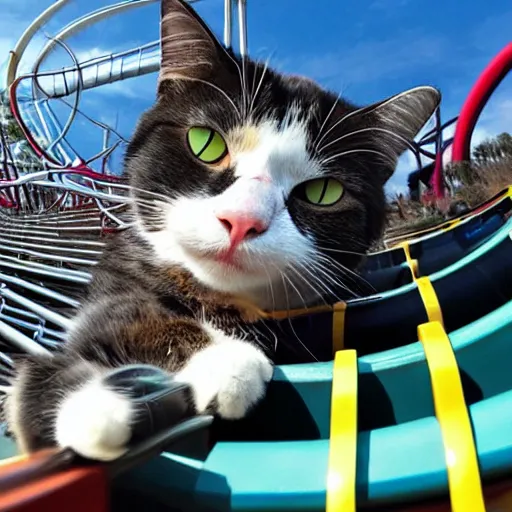 Prompt: selfie of a cat riding a roller - coaster