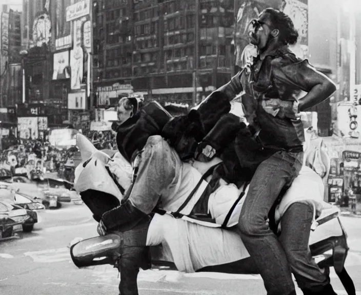 Image similar to Dwayne the Rock Johnson riding on the back of Adam Sandler, doing Methamphetamine at Times Square, photograph by Alfred Eisenstaedt, 4K, dramatic lighting; 4K 8K