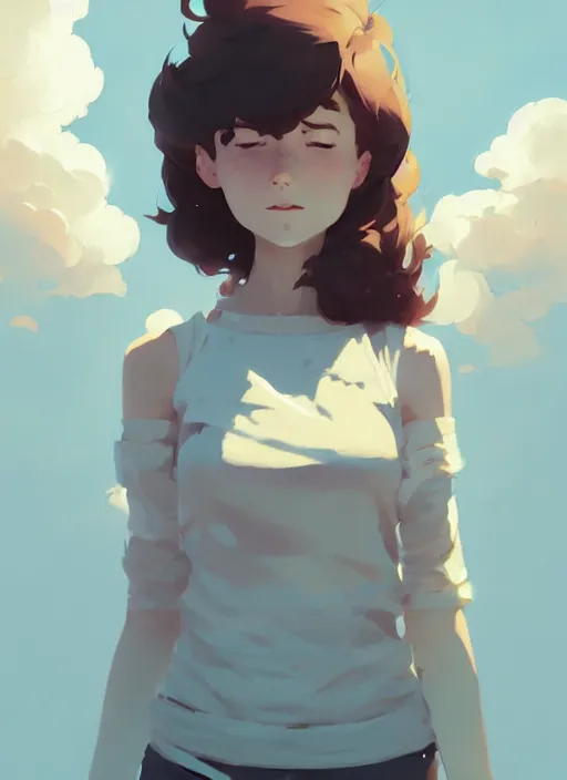 Image similar to portrait of cute maiden girl cowered, cloud sky background, by atey ghailan, by greg rutkowski, by greg tocchini, by james gilleard, by joe gb fenton, by kaethe butcher, dynamic lighting, gradient light blue, brown, blonde cream and white color in scheme, grunge aesthetic