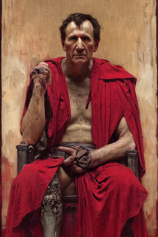 Image similar to the end is near. a tired julius caesar is sitting on a throne. portrait. face is highly detailed. intricate. splices of red are running down his toga. close shot. dark background. soft light. imagined by jeremy lipking and alphonse mucha