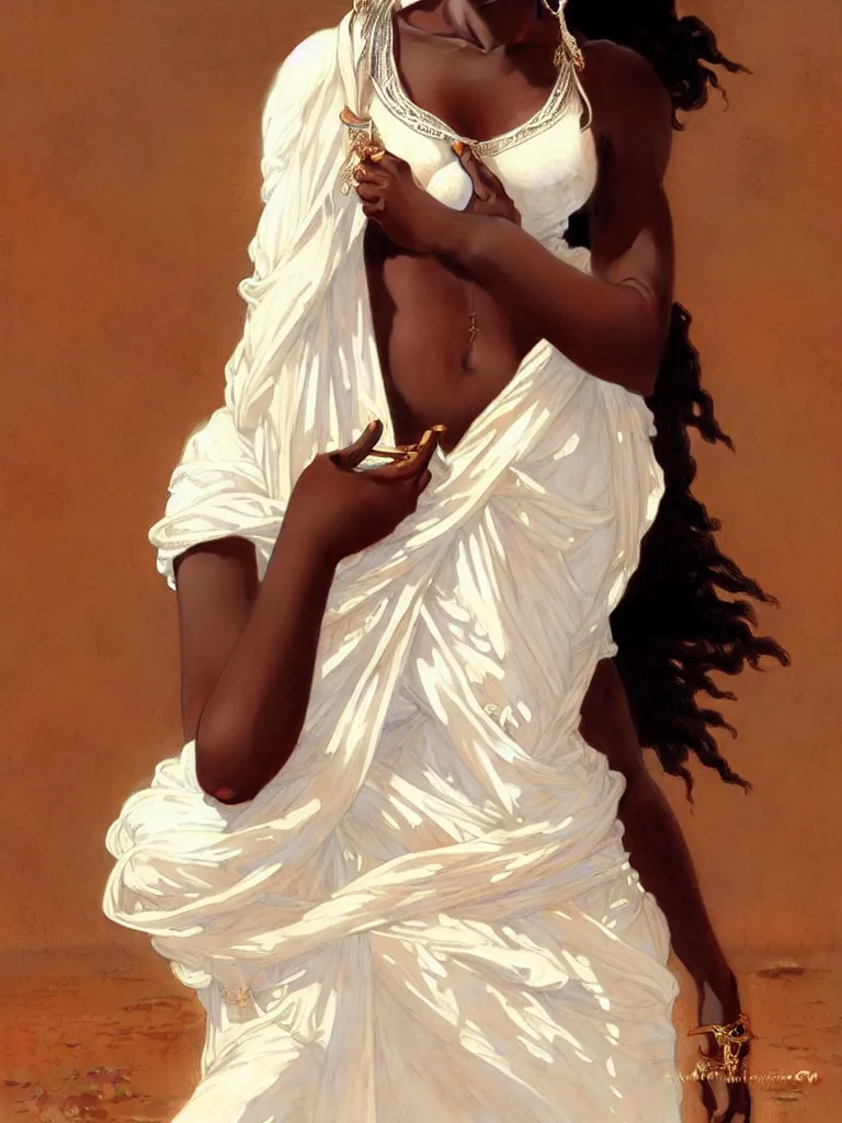 Prompt: Portrait of a beautiful african woman in the Libyan desert, white skirt and barechest, intricate, elegant, highly detailed, artstation, concept art, intricate, highly detailed, sharp focus, exotic, orientalism, bouguereau, art by Artgerm and greg rutkowski and alphonse mucha