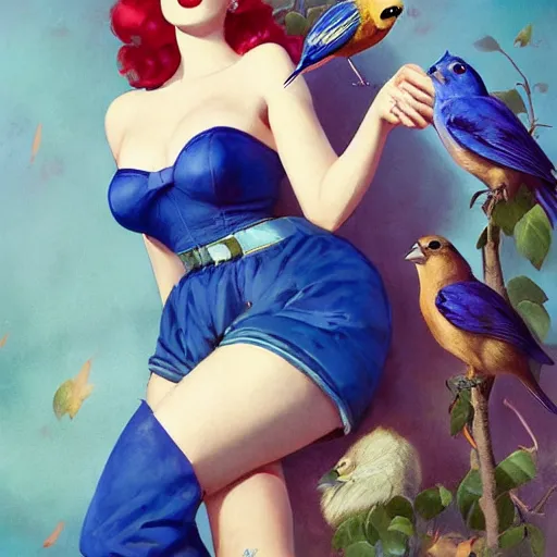 Image similar to pinup girl holding an indigo bunting, bird, the bird is wearing a crown and bowtie by greg rutkowski, rossdraws, gil elvgren, enoch bolles, anime, very coherent