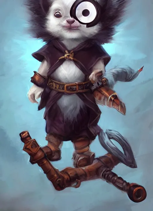 Prompt: cute little anthropomorphic skunk wizard wearing bindrain (eyepatch), tiny, small, miniature animal, baby animal, short, pale black armor, cute and adorable, pretty, beautiful, DnD character art portrait, matte fantasy painting, DeviantArt Artstation, by Jason Felix by Steve Argyle by Tyler Jacobson by Peter Mohrbacher, cinematic lighting
