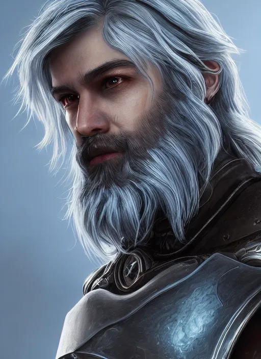 Prompt: an epic fantastic realism comic book style portrait painting of an aasimar paladin, male, silver shaggy hair, short brown beard, d & d concept art, unreal 5, daz, teal aesthetic, octane render, cosplay, rpg portrait, dynamic lighting