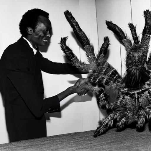 Image similar to miles davis shaking hands with a giant humanoid tarantula