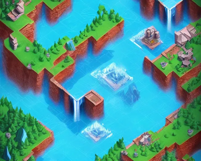 Image similar to isometric game art of a very beautiful turquoise blue waterfall, game design concept, trending on artstation, cgsociety