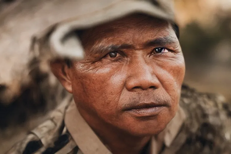 Prompt: close - up photo of smart khmer warlord in a battle scene, detailed eyes, shallow depth of field, photorealistic, cinematic lighting, lovely bokeh, warm colours, dusk