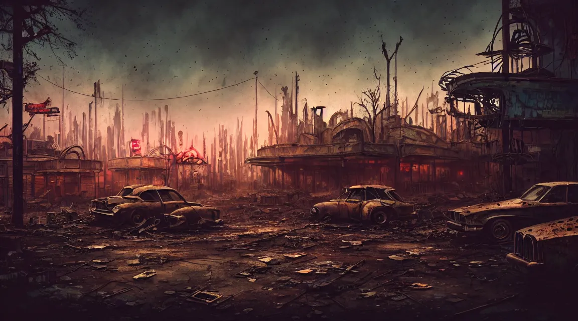 Image similar to post apocalyptic theme park, dusk, building, avenue, americana architecture, by pascal blanche, neil blevins, apocalyptic color palette, trending on artstation, photorealistic, wilderness ambiance, ultra detailed, high definition, depth of field, bokeh, rubble, nature overgrowth, blood stains, building crumbling