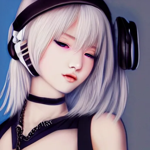 Image similar to realistic teasing detailed semirealism beautiful gorgeous cute Blackpink Lalisa Manoban white hair white cat ears blue eyes, wearing black camisole outfit, headphones, black leather choker full HD 4K high resolution quality WLOP, Aztodio, Taejune Kim, Guweiz, Pixiv, Instagram, Artstation