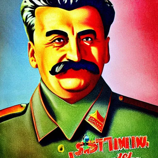 Image similar to poster, stalin at mcdonald's art in color, art in 4 k