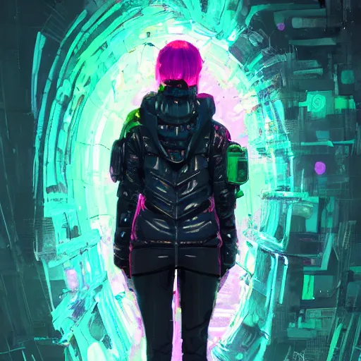 Prompt: skill magic deepdream guardian girl with short black hair cyberpunk futuristic, reflective puffer jacket, black leggings from the back radiating a glowing colorful aura by ismail inceoglu dragan bibin hans thoma, perfect face, fine details, realistic shaded, fine - face, pretty face