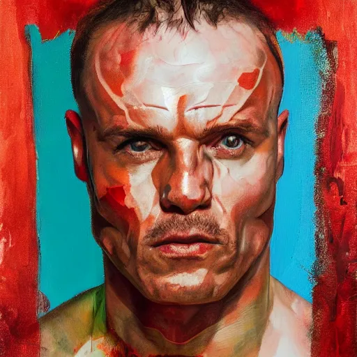 Image similar to Portrait of Mariusz Pudzianowski in the style of Disco Elysium, painting by Jenny Saville and Pavlo Guba, strong red hue