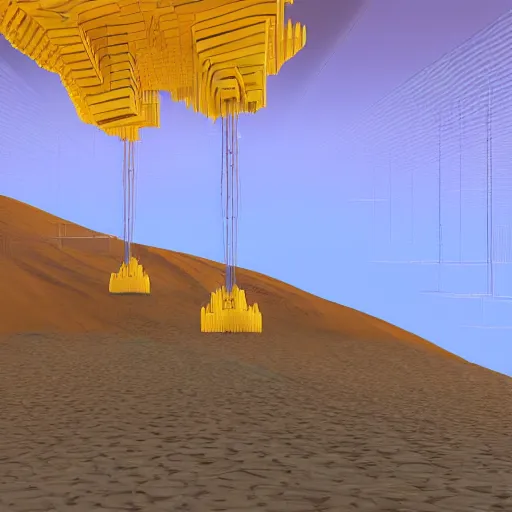 Image similar to a technical blueprint, voxel based world, space mining station on the surface of mars, myriad of interconnected yellow drop pod structures, connected via tubes